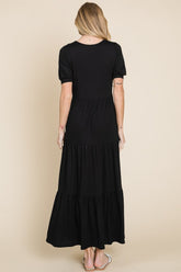 BOMBOM Women's Elegant Tiered Maxi Dress - Short Sleeve, Made in USA